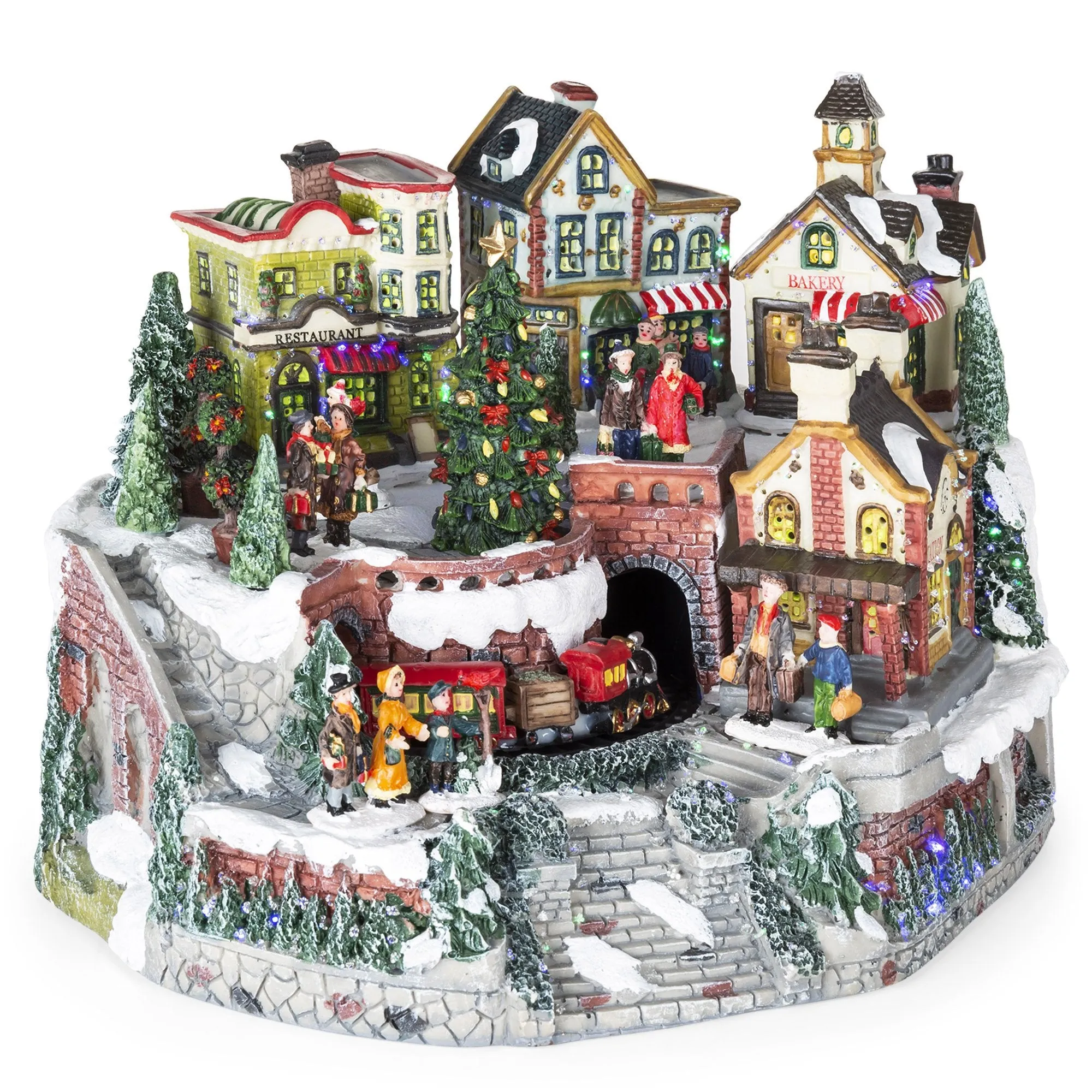 12in Pre-Lit Hand-Painted Tabletop Christmas Village Set w/ Rotating Train