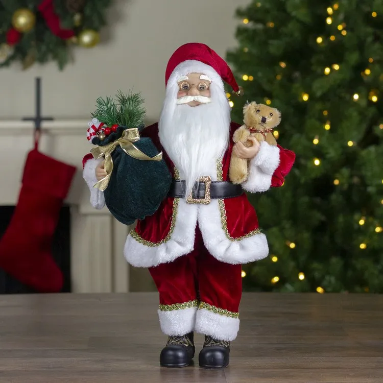 18" Standing Santa Christmas Figurine with a Plush Bear
