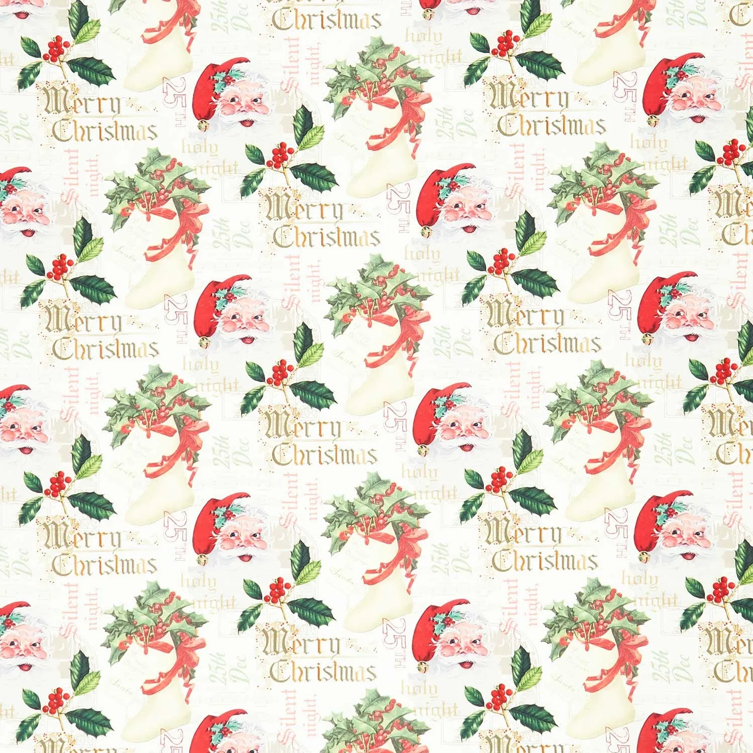 Christmas Memories - Santa Faces And Words Cream Yardage